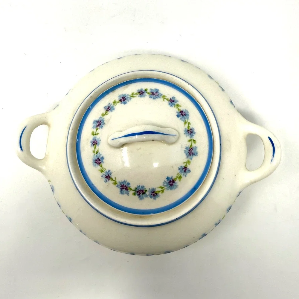 Canonsburg Pottery‎ Bonnie Blue Sugar Bowl + Lid Blue Floral Pattern Made USA